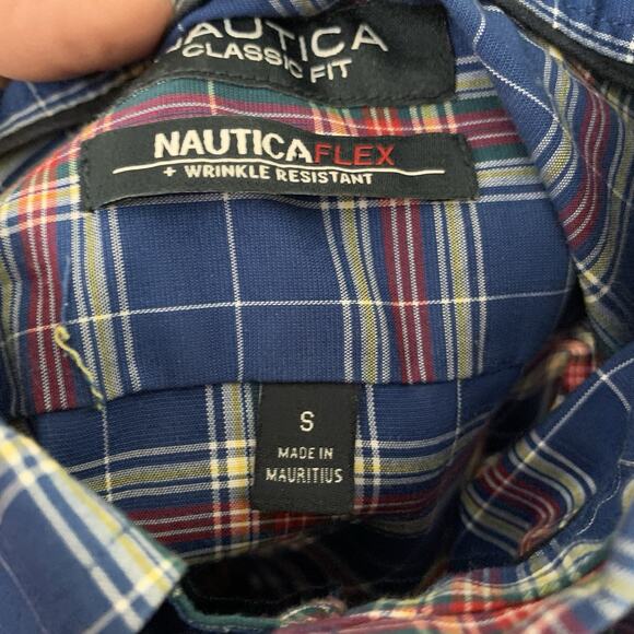 Nautica Flex Classic Fit Shirt Mens Sz Small Navy Blue Plaid Button Up Stretch - Picture 4 of 7